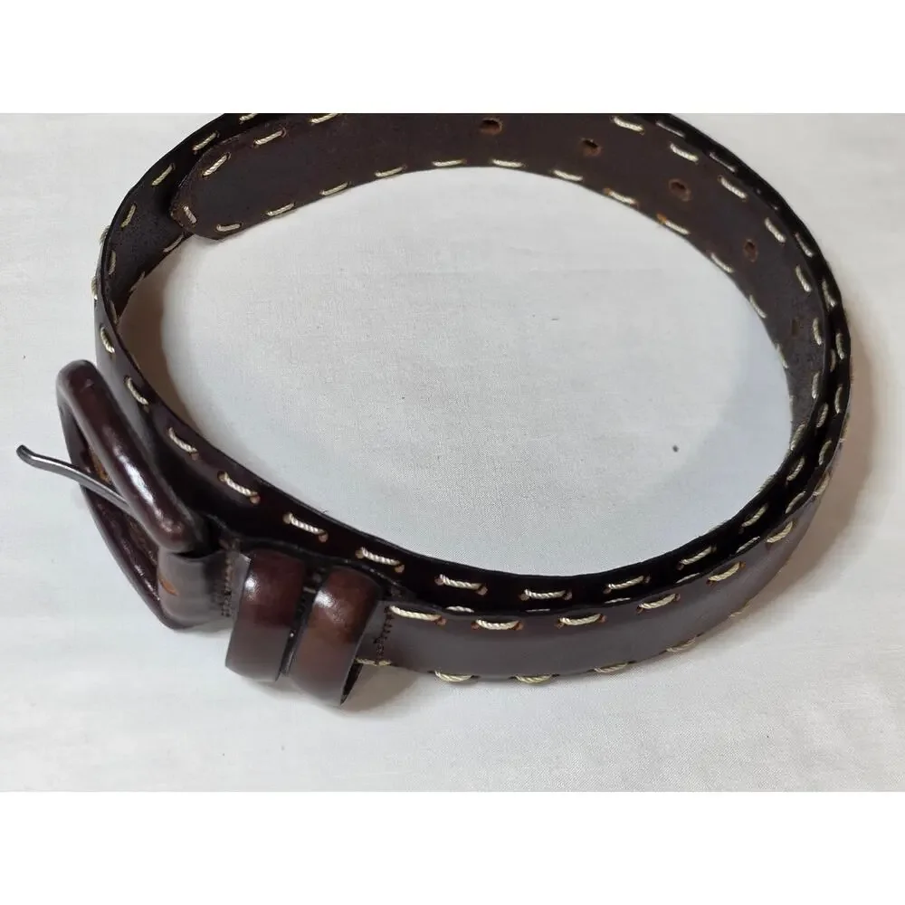 AL&C Another Line & Co Leather Belt Size 30 Brown Whip Stitch Made USA 1309